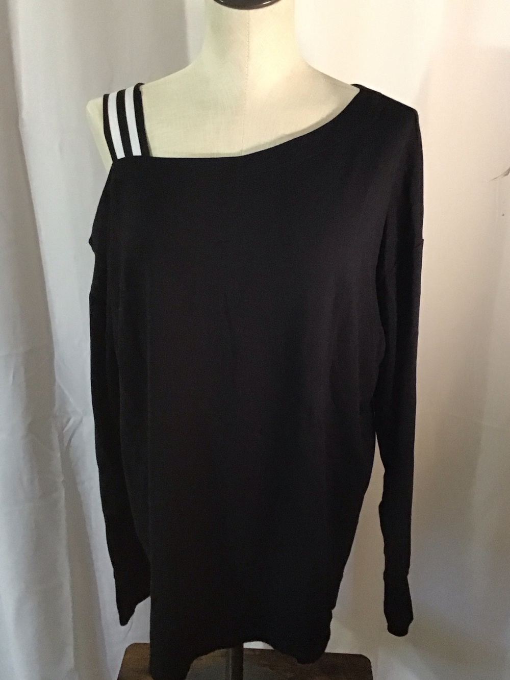 CAbi Black Off-the-Shoulder Sweater with White Striped Strap